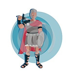Gladiator Roman warrior character in armor with a sword and shield.