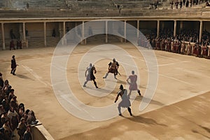 gladiators of different schools, fighting in the chariot arena