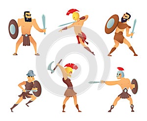 Gladiators holding swords. Fighting characters in action poses