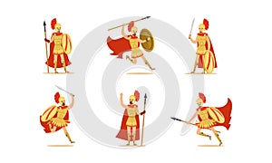 Gladiators Holding Swords Vector Set. Fighting Characters in Action Poses