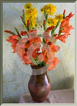 Gladiolus and yellow flowers in the old vaz photo