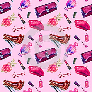 Glamor accessories seamless pattern design on pink background