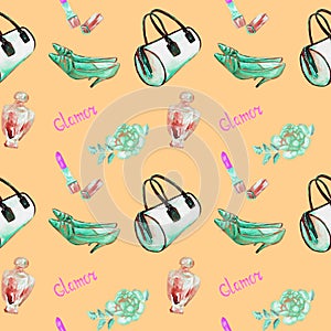 Glamor accessories, turquois barrel type bag, lipstick, perfume, leather kitten heel shoes, rose on soft yellow background