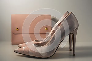 Glamor pink shoes and handbag on gray background