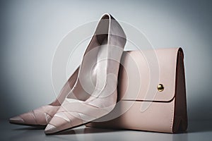 Glamor pink shoes and handbag on gray background