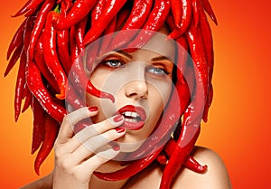 Glamorous Beautiful Woman Face Close Up Portrait. Paprika. Art Deco