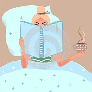 Glamorous blonde girl reading a book in bed and drinking coffee. Morning ritual is a good habit. Vector illustration of people in