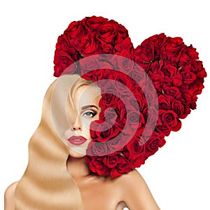 Glamorous Blonde Woman Fashion Model with Long Permed Hairstyle, Red Lips Makeup and Heart of Red Rose Flower photo