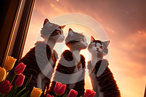 Glamorous cats in sophisticated home, window overlooking sunset. AI generated