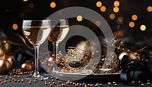 A glamorous celebration with champagne, decoration, and golden confetti generated by AI