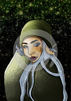 Glamorous dryad with blue hair and eyes, cartoon portrait of a girl in a green sweater and cap, close-up