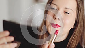 Glamorous evening makeup idea, face portrait of a woman with red lipstick makeup, female beauty vlogger, french chic