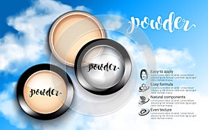 Glamorous Fashion Face Cosmetic Makeup Powder in Black Round Plastic Case Top View ads sky blue background.