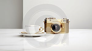 Glamorous Gold Coffee Cup With Leica Camera Design photo