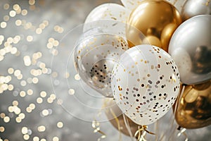 Glamorous gold and white balloons with confetti details against twinkling light background, perfect for sophisticated