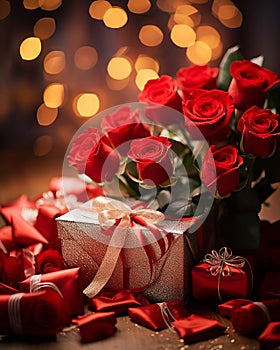 Glamorous Golden Bokeh and Red Roses Gift