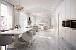 Glamorous interior design integrating a white kitchen, dining room, and living area