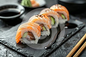 Glamorous japanese-style sushi platter on gray table with elegant lighting and stylish decor