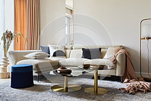 Glamorous living room interior design with modern beige sofa, glass coffee table, red armchair and golden accessories. Template.