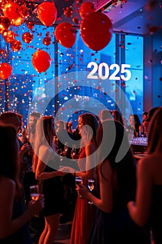 Glamorous New Year& x27;s Eve celebration with 2025 sign and friends photo