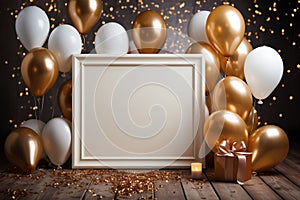 Glamorous Party Frame Mockup Surrounded by Gold and White Balloons