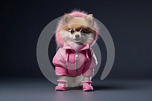 Glamorous Purebred pedigreed Pomeranian dwarf Spitz dog dressed in pink jacket and boots. Copy space. Isolated on dark