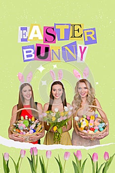 Glamorous three ladies sisters come to family meeting gathering celebrating easter holiday hold presents wear bunny ears