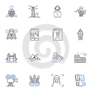 Glamorous travel line icons collection. Luxury, Extravagant, Lavish, Opulent, Rich, Ritzy, Swanky vector and linear photo