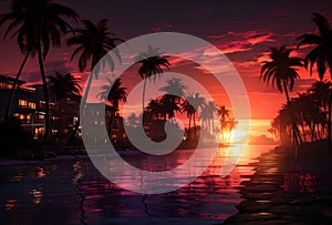 A Glamorous Tropical Sunset Beach, with palm trees and setting sun.