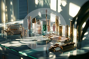 A glamorous vanity setup featuring gold-capped luxury cosmetics and ornate beauty products. photo