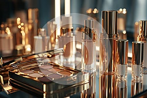 A glamorous vanity setup featuring gold-capped luxury cosmetics and ornate beauty products. photo