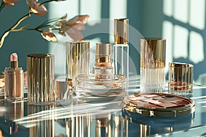 A glamorous vanity setup featuring gold-capped luxury cosmetics and ornate beauty products. photo
