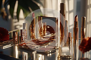A glamorous vanity setup featuring gold-capped luxury cosmetics and ornate beauty products. photo