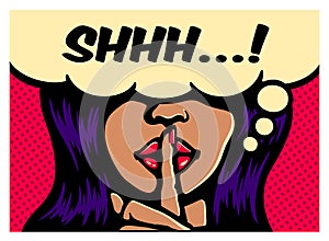 Glamorous woman making silence gesture with finger on lips comic book pop art vector illustration