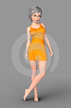 Glamorous woman with silver hair in an orange dress