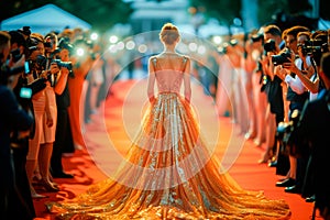 A glamorous woman is wearing a shiny gold dress and walking on a red carpet.