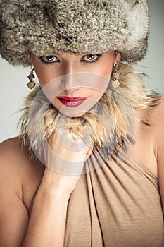 glamour beauty woman wearing fur hat