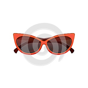 Glamour cat eye sunglasses with black tinted lenses and bright red plastic frame. Stylish protective eyewear for women