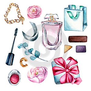 Glamour collection female accessories watercolor illustration isolated