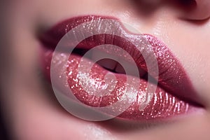 Glamour fashion bright pink lips gloss make-up with gold glitter. Generative AI