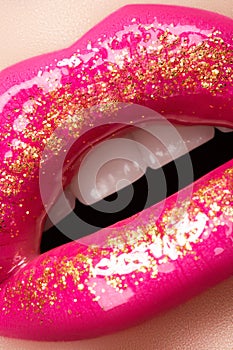 Glamour fashion bright pink lips glossy make-up photo