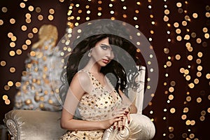 Glamour fashion brunette girl Christmas portrait. Elegant w