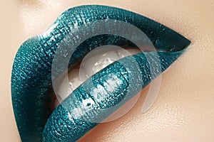 Glamour green Gloss Lip Make-up. Fashion Makeup Beauty Shot. Close-up full Lips with celebrate Aquamarine Lipgloss