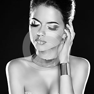 Glamour Lady. Fashion Beauty Girl. Gorgeous Woman Portrait. Vogue Style. Black and white Photo