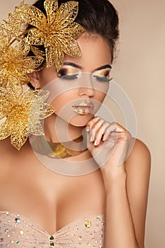 Glamour Makeup. Girl Face Close-up. Beauty Portrait