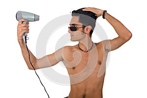 Glamour man with hairdryer