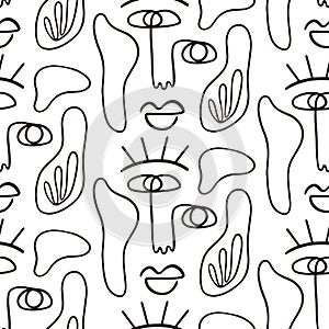 Glamour one line drawing women faces seamless pattern