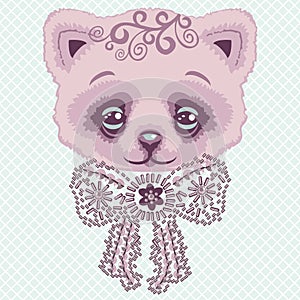 Glamour pink cat toy with a bow of rhinestones and crystals. Print for t-shirt.
