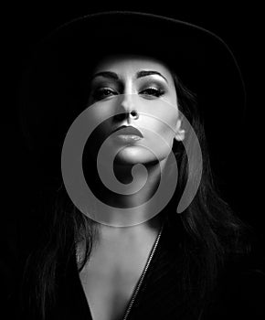 Glamour makeup woman posing in fashion hat on dark backgrou