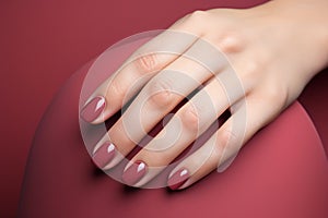 Glamour woman hand with classic red nail polish on her fingernails. Red nail manicure with gel polish at luxury beauty salon. Nail
